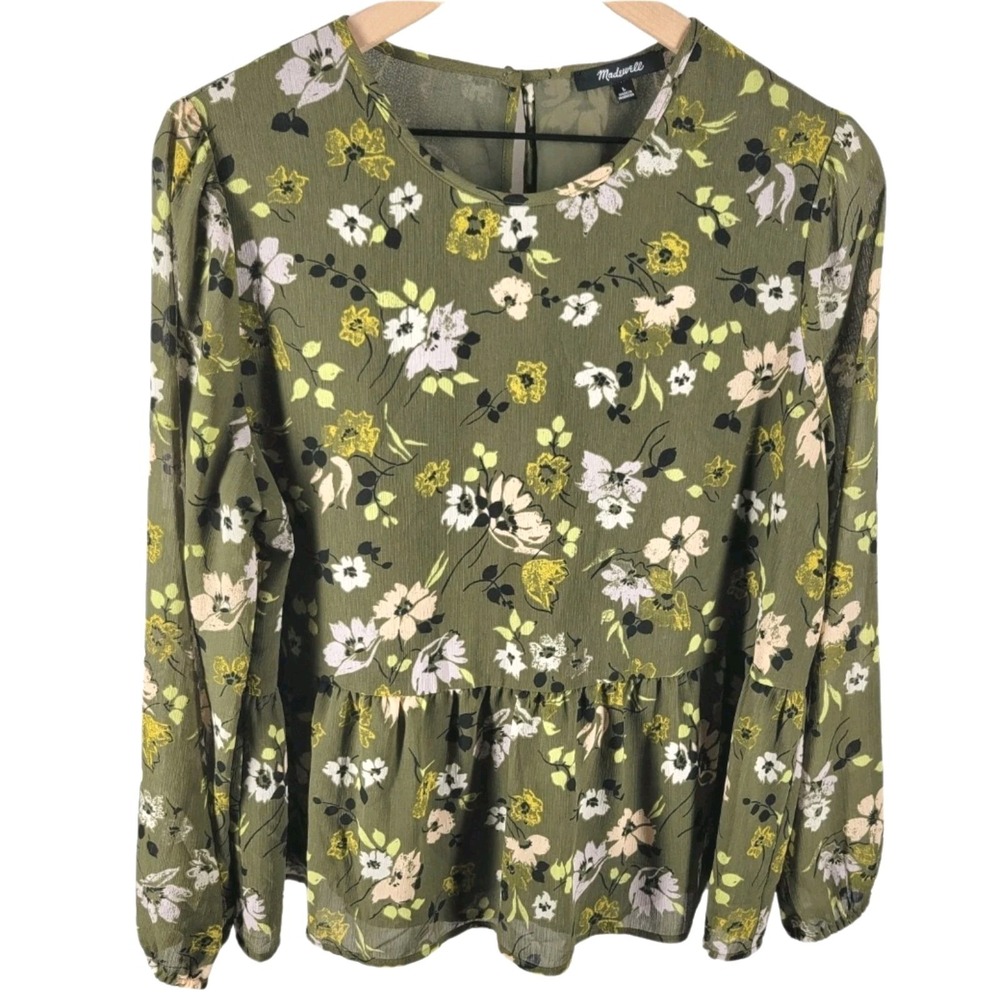 Madewell Floral Peplum Blouse Womens L Olive Green Long Sleeve Boho Romantic - Picture 1 of 7